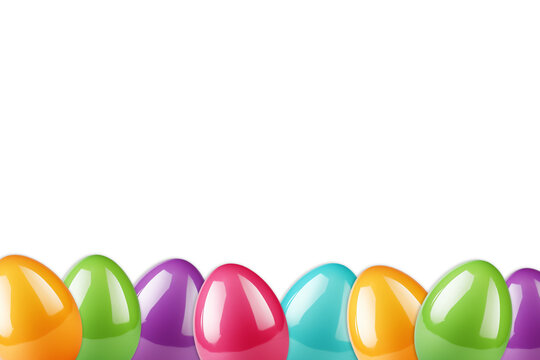 Bottom border of Easter colorful eggs on transparent background banner. Easter eggs horizontal seamless pattern. Easter eggs set. PNG image
