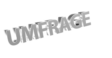 Umfrage - silberneplakative 3D-Schrift, Meinungsumfrage, online Umfrage, Wahlumfrage, Umfrage Auswertung, Meinung, anonym, Trend, Wünsche, Interessen, Marketing, Marktforschung, Rendering, Freisteller