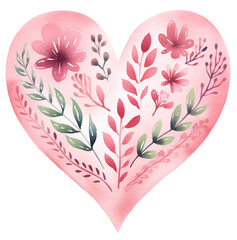 Watercolor illustration of a pink heart. Valentines Day, Love, Folk, Simple, Naive, Flowers. Transparent background, png