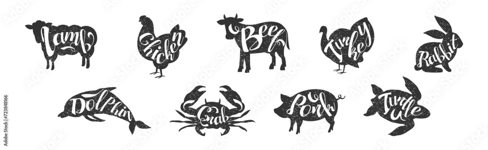Wall mural black animal silhouette with inscription inside vector set - Wall murals