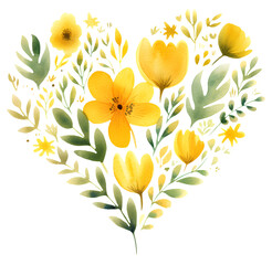 Watercolor illustration of a yellow heart. Valentines Day, Love, Folk, Simple, Naive, Flowers. Transparent background, png
