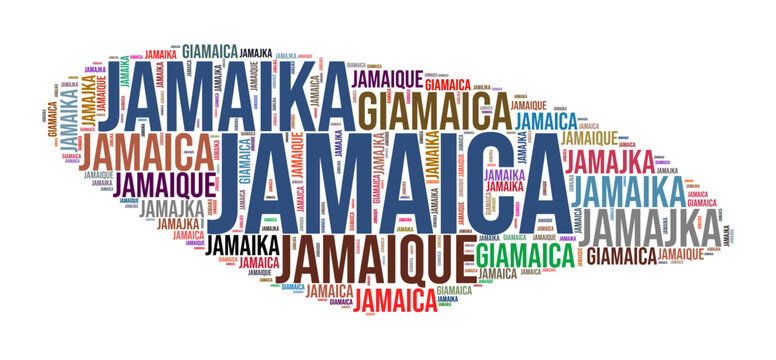 Jamaica country shape word cloud. Typography style country illustration. Jamaica image in text cloud style. Vector illustration.