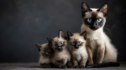 Fototapeta na wymiar family portrait of a siamese purebred cat mother with her 3 kitties isolated on dark background with copyspace area, generative ai