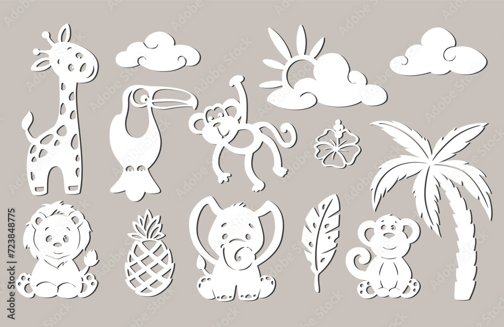 Wall mural set of tropical animals, plants, clouds and the sun. for laser plotter cutting, for baby decor