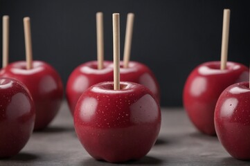 Glossy red candy apples on dark background