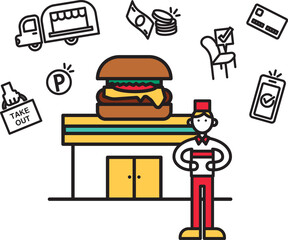 シンプルな線画のハンバーガーショップのイラスト（人物）