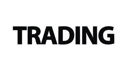 Trading, schwarze plakative 3D-Schrift: Börse, Aktienhandel, Devisenhandel, Daytrading, Kryptowährungen, Handelsstrategien, Online-Trading, Aktienkurse,  Marktanalyse, Rendering, Freistelleer
