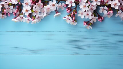 Cherry blossom on blue wooden background, copy space for text