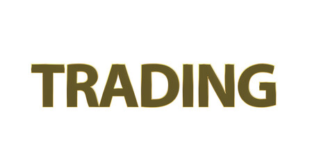 Trading, goldene plakative 3D-Schrift: Börse, Aktienhandel, Devisenhandel, Daytrading, Kryptowährungen, Handelsstrategien, Online-Trading, Aktienkurse,  Marktanalyse, Rendering, Freistelleer