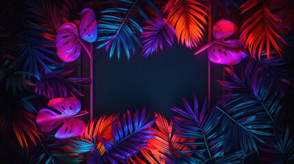 Tropical background with palm leaves and flamingo. Colorful neon light .