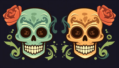 Skull head with color and flowers on dark background