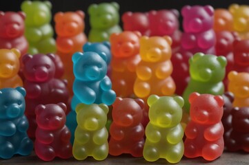 Colorful assortment of gummy bears in rows