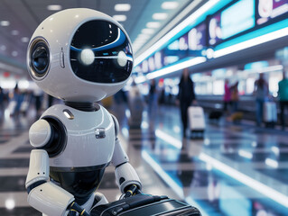 futuristic robotic assistant at a bustling airport terminal. With its humanoid features and advanced sensors, the robot appears ready to interact with travelers