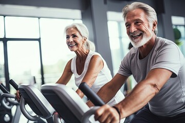 Senior couple exercising on stationary bikes at a gym, smiling and enjoying a healthy lifestyle.