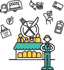 シンプルな線画のファミリーレストランのイラスト（人物）