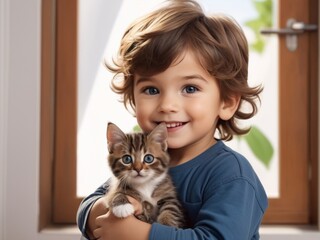 Adorable little boy radiates joy, smiles happily, cradles an adorable kitten in his arms, creating touching moments of pure happiness and love between children and their furry friends.