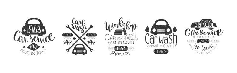 Car Repair and Wash Service Monochrome Label Vector Set
