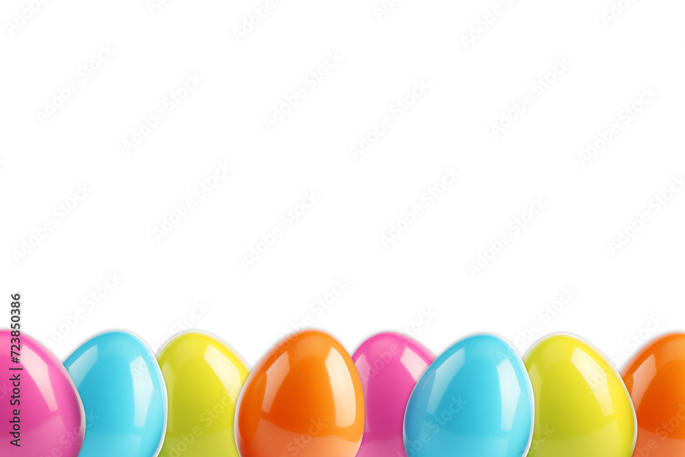 Poster Bottom border of Easter colorful eggs on transparent background banner. Easter eggs horizontal seamless pattern. Easter eggs set. PNG image
