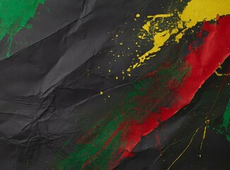 Crumpled black paper spotted with colors. Green, red and yellow paint. Background with copy space.