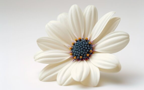 Elegant white daisy on a soft grey background, with a focus on the vibrant yellow center and delicate petals.