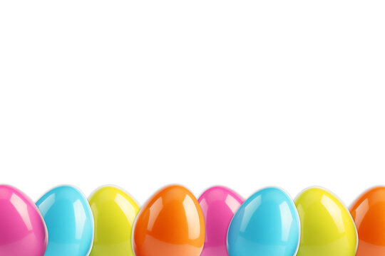 Bottom border of Easter colorful eggs on transparent background banner. Easter eggs horizontal seamless pattern. Easter eggs set. PNG image