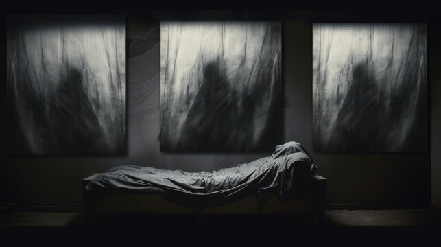 Sleep paralysis concept surreal triptych composition painting background
