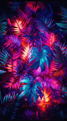 Tropical palm leaves in neon light. Colorful summer background