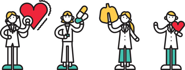 シンプルな線画の様々な病院の先生（B)のイラスト