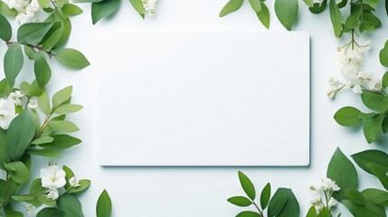Fototapeta na wymiar Blank white paper card with green leaves on light blue background .