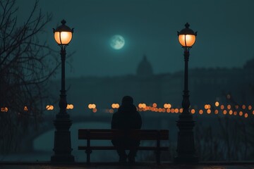 Naklejka premium Lonely man on bench in a park at night with lights on