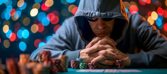 Hooded poker player at casino tournament, with blurred background and space for text placement.