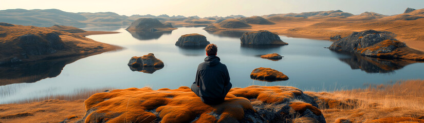 Meditation travel in relaxing outdoor landscape.