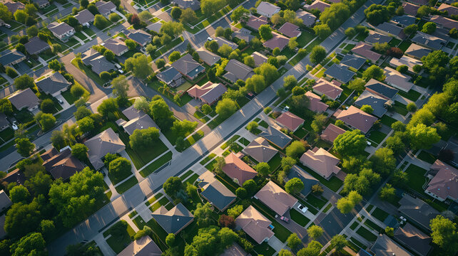 aerial shot showcases the sprawling serenity of a suburban neighborhood