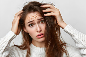 Young girl scratching her head and suffering from itchy scalp and hair loss