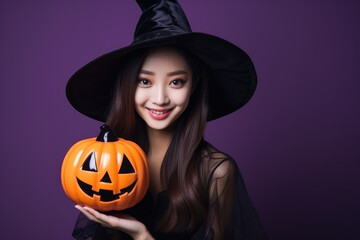 Smiling asian woman in witch hat holding pumpkin on dark purple background