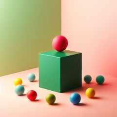  A collection of colorful balls and a green rectangular block against a dual-tone background. A red ball is perfectly balanced on top of the green block, which stands out due to its shape and color co