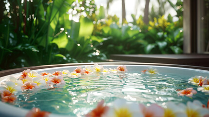 Round outdoor bath with tropical flowers in luxury spa.  - obrazy, fototapety, plakaty