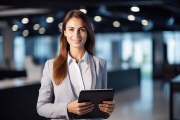 Smiling young employee businesswoman holding computer in company