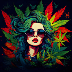 Сolorful illustration with a beautiful girl's face and cannabis leaves. Modern, stylish pop art marijuana banner