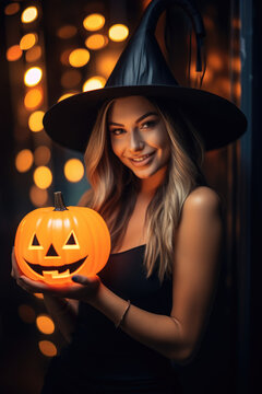 Smiling woman in witch hat holding jack o lantern on sparkling background.