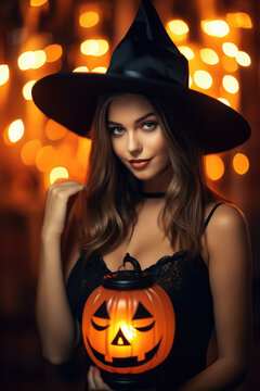 Smiling woman in witch hat holding jack o lantern on sparkling background.