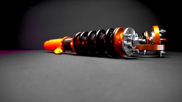 suspension tuning, coilovers, shock absorbers and front springs in yellow and gold colors for a sports drift car on a dark background