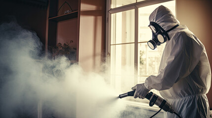 A guy from the pest control service in a mask and a white suit