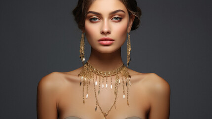 Portrait of beautiful young woman with evening make-up and golden necklace