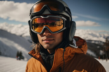 Skier in orange jacket, helmet and goggles. Head shot 
. Winter sport concept