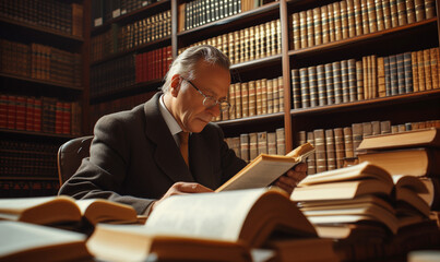 Lawyer Researching Legal References in a Classic Law Library - obrazy, fototapety, plakaty
