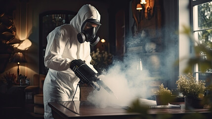 A guy from the pest control service in a mask and a white suit