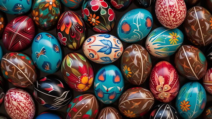 Fototapeta na wymiar Painted with patterns easter eggs, closeup view
