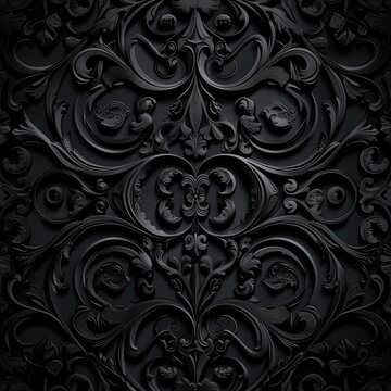 Seamless black damask ornament background, black texture backdrop