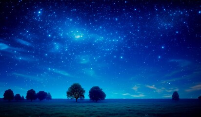 Blue night sky with stars over the field of trees. The Milky Way universe background